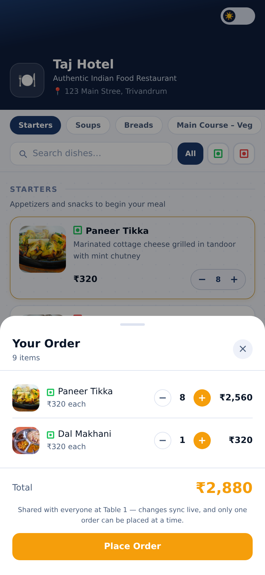 Shared table cart / order drawer