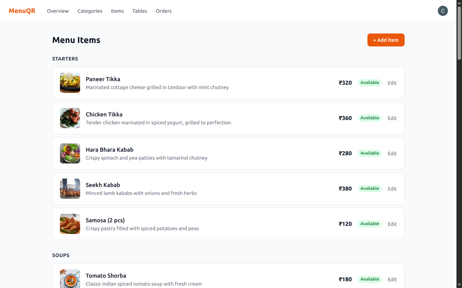 Owner portal — manage menu items